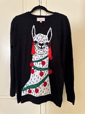 Poof! Festive Black Holiday Sweater with White Llama and Red Tassels NWT